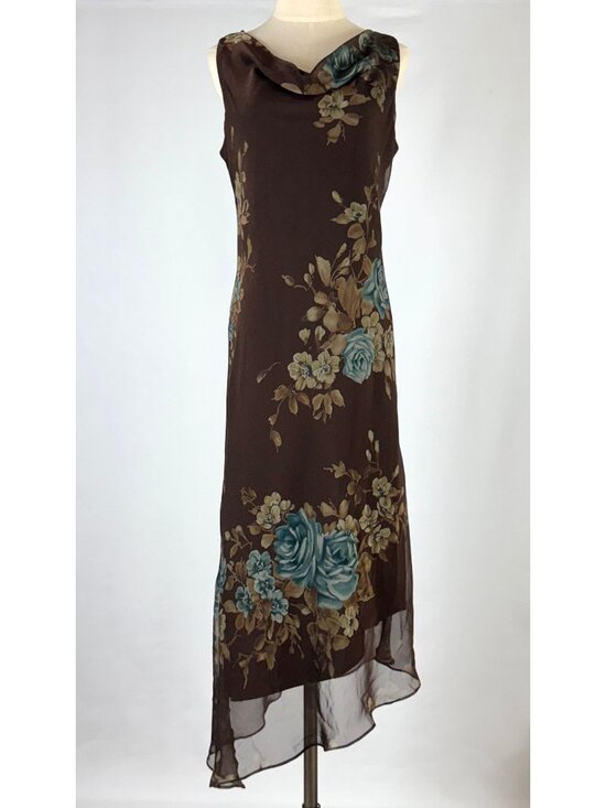 Jessica Howard Dresses & Skirts - Vtg Y2K Jessica Howard Brown & Blue Floral Chiffon Asymmetrical Dress Cowl Neck